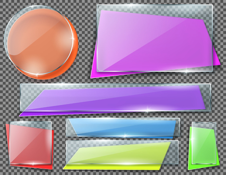 Vector realistic set of color banners under transparent glass plates, blank shining isolated frames. Collection of empty colorful planks in different shapes with glossy effect. Clipart for your designのイラスト素材