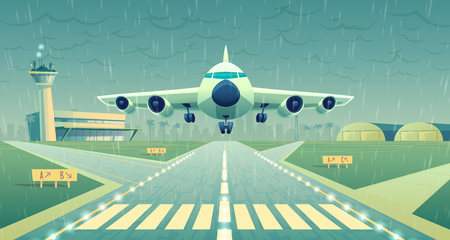 Vector cartoon illustration, white airliner, jet over runway. Takeoff or landing of commercial airplane in difficult weather conditions on background airport building and heavy rain. Concept bannerのイラスト素材