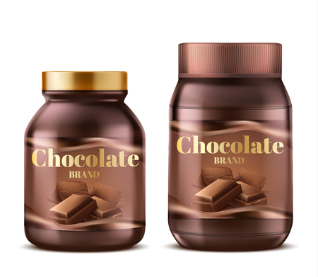 Vector 3d realistic chocolate paste in plastic jars with shadows. Natural dessert butter, creamy dark spread isolated on white background. Sweet product label for ad posters, banners. Cocoa food.のイラスト素材