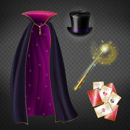 Vector realistic set with illusionist equipment for tricks isolated on transparent background. Magician cape, black top hat, playing cards, magic wand with glow and sparkles. Clipart for your designのイラスト素材