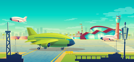 Vector cartoon illustration, green airliner, jet on runway. Takeoff or landing of commercial airplanes against background of blue sky or airport building with control tower. Concept advertising bannerのイラスト素材