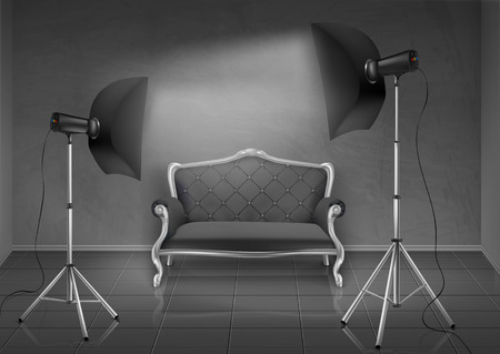 Vector realistic background, room with gray wall and floor, photo studio with empty sofa, couch, lamps and softboxes on tripod stands.Mockup with modern lighting equipment for professional photographyのイラスト素材