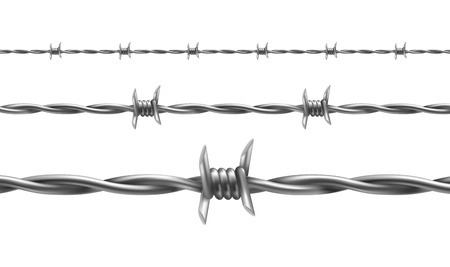 Barbed wire vector illustration, horizontal seamless pattern with twisted barbwire isolated on background. Metal protective barrier with sharp barbs for industrial and agricultural fencingsのイラスト素材