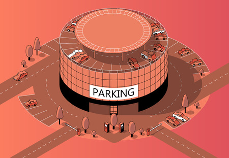 Vector 3d isometric round multi-storey parking with territory. Cars on covered building, urban garage in orange colors, made in black thin lines. Vehicles on road, transportation. Architecture concept.のイラスト素材