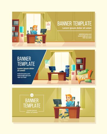 Vector brochure template with cartoon illustration of office with secretary. Reception desk with woman manager on horizontal booklet with information, website links. Banners with lobby for customers.のイラスト素材