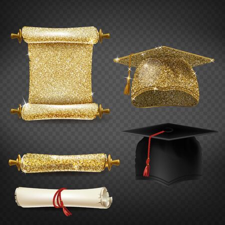 Vector set with black and golden graduation caps, glittering diplomas isolated on background. Square academic hats, mortarboards with tassels, document of master degree in university or collegeのイラスト素材