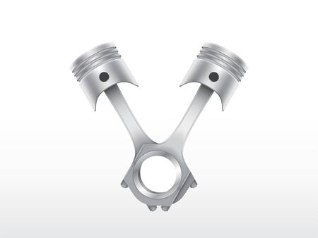 Vector realistic pistons isolated on white background. Engine equipment for car, motorbike. Shining mechanical element of motor. Metal part of cylinder, vehicle. Objects for garage, service.のイラスト素材