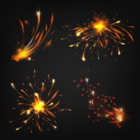 Vector realistic collection of fireworks, sparks from welding or cutting metal. Bright shining comet, burning decoration for holiday. Explosion of flammable element. Set isolated on dark background.のイラスト素材
