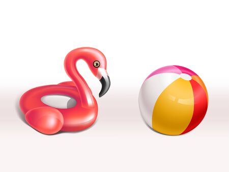 Vector realistic set of inflatable flamingo, pink rubber ring and ball for kids, cute fun toys for pool party isolated on background. Swim aids to help children float in water, equipment for swimmingのイラスト素材