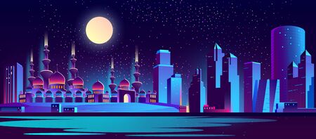Vector background with night city illuminated with neon glowing lights. Muslim culture, Arabic or Turkish urban concept. Cityscape with big mosque and minarets, modern buildings, high skyscrapersのイラスト素材