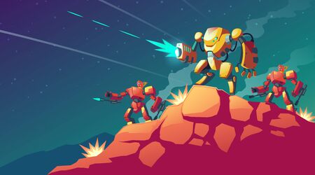 Vector cartoon illustration with robot war on alien planet, Mars. Landscape with combat robots. Battle androids, artificial intelligence in protective armor. Game background. Modern military concept.のイラスト素材