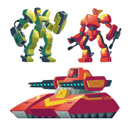 Vector cartoon combat robots with red tank. Battle androids with artificial intelligence, military vehicle isolated on white background for games. Futuristic soldiers, robotic toys.のイラスト素材