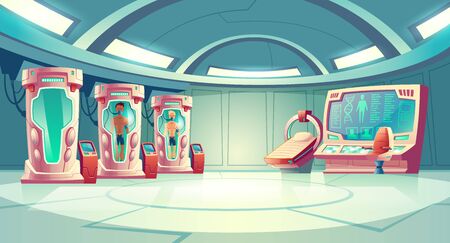 Human cloning or dna research in secret science laboratory carton vector concept with young men sleeping in capsule with fluid, MRI scanner and empty operator chair near control panel with huge screenのイラスト素材