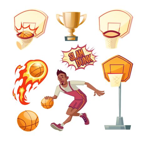 Vector basketball set - athletic sportsman in uniforms with orange ball, different baskets and golden cup, goblet. Trophy for winner of tournament. The collection isolated on white background.のイラスト素材