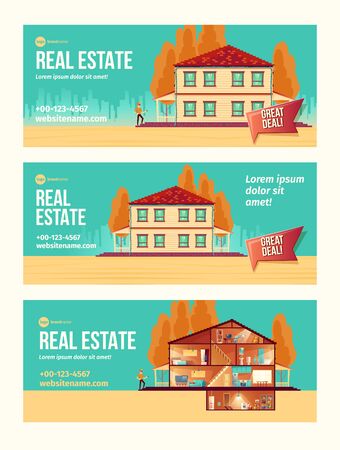 New house purchasing cartoon vector ad banner set with cottage facade and rooms cross section plan illustration. Turnkey housing project offer. Real estate agency, construction company promo flyerのイラスト素材