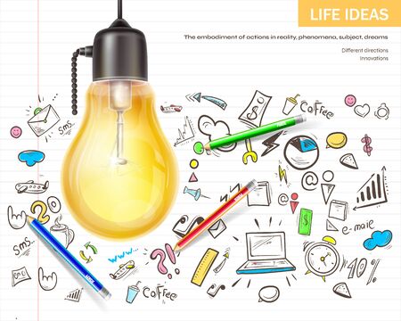 Brainstorming life ideas realistic vector concept. Light bulb and hand drawn on notebook lined sheet by color pencils sketch with various doddles illustration. Creativity, inspiration in work conceptのイラスト素材
