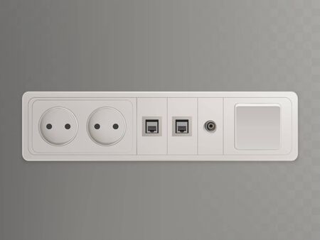 Multi socket wall outlet with electrical, cable or satellite TV connections and light switch 3d realistic vector illustration isolated on transparent background. Home wiring organizationのイラスト素材