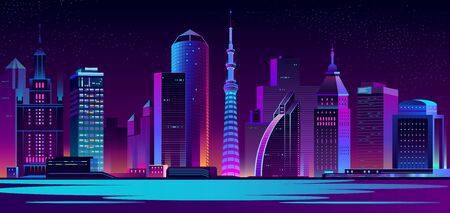 Vector modern megapolis at night. Purple glowing buildings in cartoon style. Urban skyscrapers in neon colors, town exterior, architecture background. Residential construction for cityscape concept.のイラスト素材