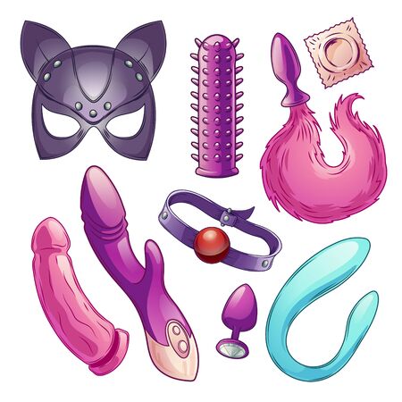 Adult sex toys for woman pleasure, role play cartoon vector set. Leather or latex pussycat mask with ears, condoms, butt plug with fluffy tail, mouth gag, dildos and vibrators illustrations collectionのイラスト素材