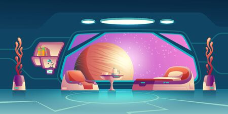 Future space station, science fiction starship, orbital hotel or colony room, crew cabin interior cartoon vector with futuristic furniture, extraterrestrial plants, planet in porthole illustrationのイラスト素材