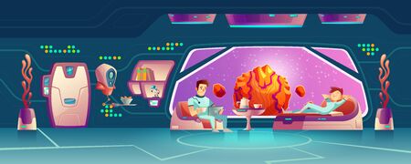 Future starship crew members, female and male astronauts, deep space explores, tourists or colonists couple resting in space station, orbital hotel or colony base room cartoon vector illustrationのイラスト素材