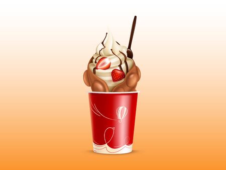 Vector bubble waffle with strawberries in handy plastic cup. Disposable container with delicious chocolate product, whipped cream or sundae. Food in realistic style. Belgian bakery, Hong Kong dessert.のイラスト素材