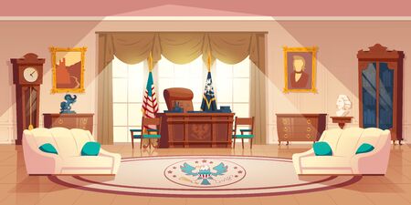 Vector oval cabinet in the white house. Cartoon interior with furniture - desk for work, sofa for rest. National flag, carpet. Workplace for president of United States of America in official residenceのイラスト素材