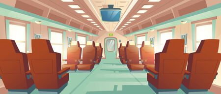 Vector background of spacious cabin in bullet train, seats with brown leather and TV. Bright salon with an aisle in modern express, empty business places. Armchairs in railway carriage for journey.のイラスト素材