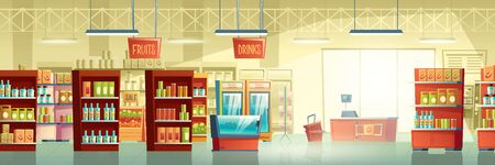 Supermarket or big grocery store trading room interior cartoon vector background with racks full of food products and fruits, fridges with drinks, fish tank and cash counter desk on exit illustrationのイラスト素材