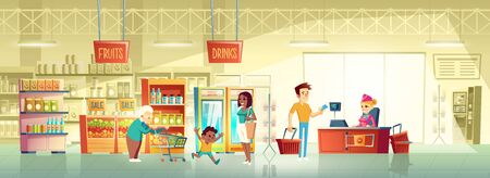 Supermarket buyers, grocery store clients cartoon vector concept with granny pushing shopping trolley, african-american woman with child, man giving credit card to seller behind counter illustrationのイラスト素材