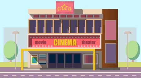 Movie theater, cinema hall, film house two-storey building with illuminated signboard and movie posters on entrance flat vector. Modern entertainment industry, city architecture object illustrationのイラスト素材