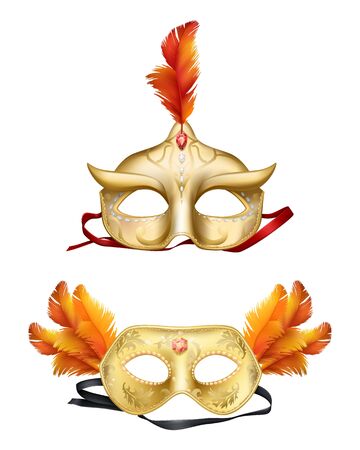 Mens golden, half-face mask decorated with precious stones, red rubies and orange feathers for Venetian or Mardi Gras carnival, holiday masquerade celebration, costumed party 3d realistic vectors setのイラスト素材