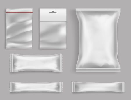 Goods polyethylene packaging types 3d realistic vector set isolated on grey background. Various size and form polythene, sealed, disposable packets with fastener, hang hole and tag for food productsのイラスト素材