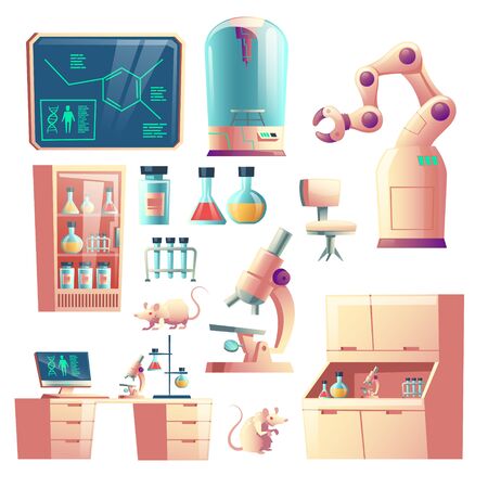 Science genetic laboratory equipment, glassware and tools cartoon vector set isolated on white background. Laboratory rats, robotic hand, microscope, desk with computer and glass flasks illustrationのイラスト素材