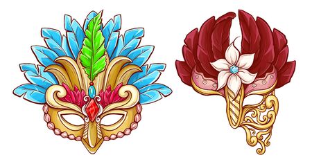Half-face colombina mask decorated with precious stones, red ruby and colored feathers 3d realistic vector icon isolated on white background.  costumed party dressing illustrationのイラスト素材