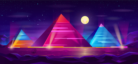 Giza plateau nigh landscape with egyptian pharaohs pyramids complex illuminated with moonlight neon colors cartoon vector background. Ancient historical, famous touristic attractions in african desertのイラスト素材