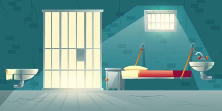 Dark prison cell interior cartoon vector with metal bars on window, bunk bed, toilet bowl, washbasin and scratched, cracked brick walls illustration. Jail single-celling facility for dangerous prisonのイラスト素材