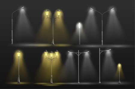 Various city street lights glowing in darkness yellow warm and cold white light 3d realistic vector set with old-fashioned, retro lampposts and modern electrical road lamps illustrations collectionのイラスト素材