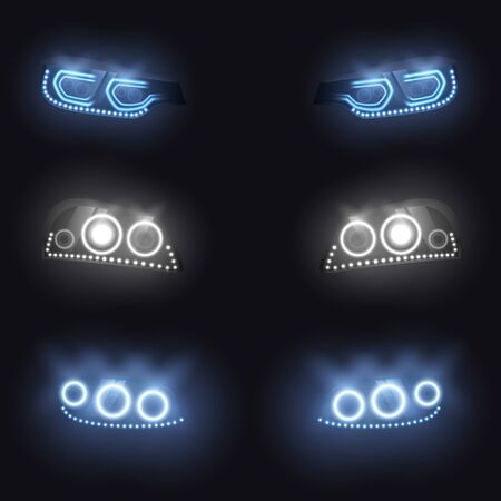 Modern car front or back headlights with xenon, laser or LED lamps, glowing neon white, blue light in darkness realistic vector illustration set isolated on black. Vehicle exterior design elementsのイラスト素材