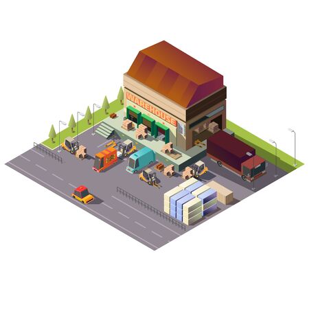 Delivery service, shipping company, logistics center warehouse building isometric vector isolated on white background. Forklifts loading, unloading goods, parcels in cargo truck and vans illustrationのイラスト素材