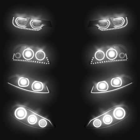 Car front and back headlights glowing white in darkness realistic vector set isolated on black background. Automobile industry light equipment technologies, vehicles exterior design element collectionのイラスト素材