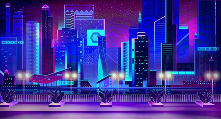 Night city with neon lights and quay with street plants going along waterfront. Futuristic urban architecture, panoramic view cityscape, modern megapolis buildings exterior Cartoon Vector Illustrationのイラスト素材