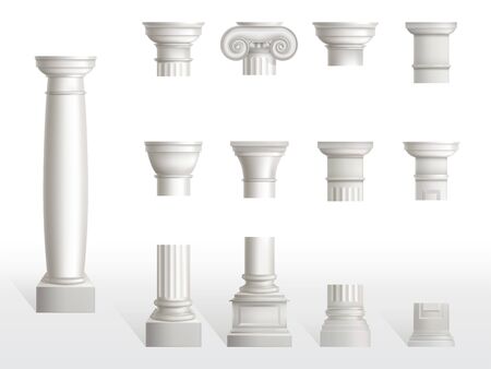 Parts of ancient column, base, shaft and capital set. Ancient classic ornate pillars of roman or greece architecture, white marble stone. Tuscan, Doric, Ionic order. Realistic 3d vector illustrationのイラスト素材