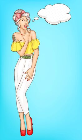 Full length portrait of surprised and amazed young woman looking with interest on something, covering opened mouth with hand pop art vector illustration. Sale, discount campaign announcement posterのイラスト素材