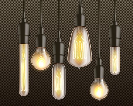 Different shapes and forms retro incandescent light bulbs with heated wire filament hanging from above in black lamp holders 3d realistic vector set isolated on transparent background. Vintage lampsのイラスト素材