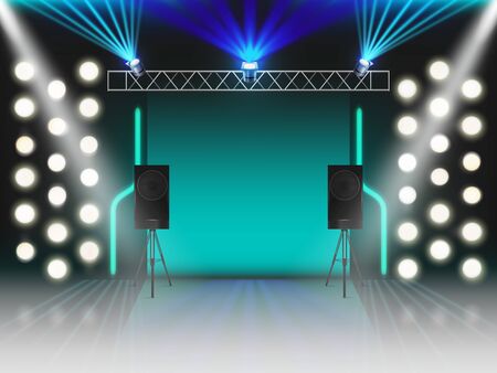 Stage with illumination and dynamics sound equipment. Empty scene with glowing studio light effects, spotlights, laser neon rays, steel rack for lamps, loud speakers. 3d Realistic vector illustrationのイラスト素材
