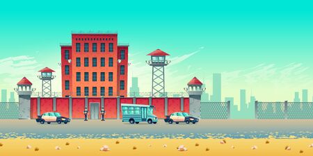 Well guarded city prison building with watchtowers on high brick fence, armed securities, bus for prisoners transportation and police convoy escort cars at jail steel gates cartoon vector illustrationのイラスト素材