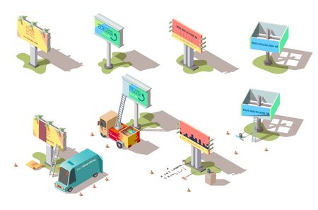 Isometric billboards, advertising street media banners and cars set. Signboards, large outdoor ads structure for marketing and business information promo offers presenting, 3d vector illustrationのイラスト素材