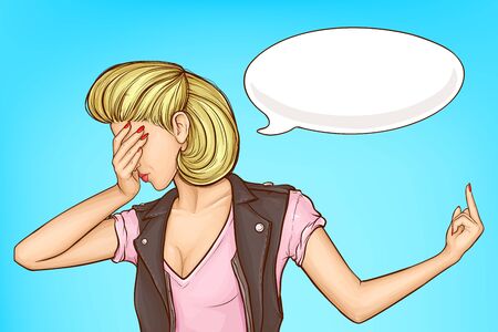 Flipping someone annoying, total disrespect pop art vector. Frustrated woman dont wont look, turning away, closing face with palm, showing middle finger in opposite side illustration with speak cloudのイラスト素材