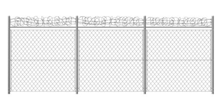 Chain-link, rabitz fence fragment with metallic pillars and barbed or razor wire 3d realistic vector illustration isolated on white background. Secured territory, protected area or prison fencingのイラスト素材
